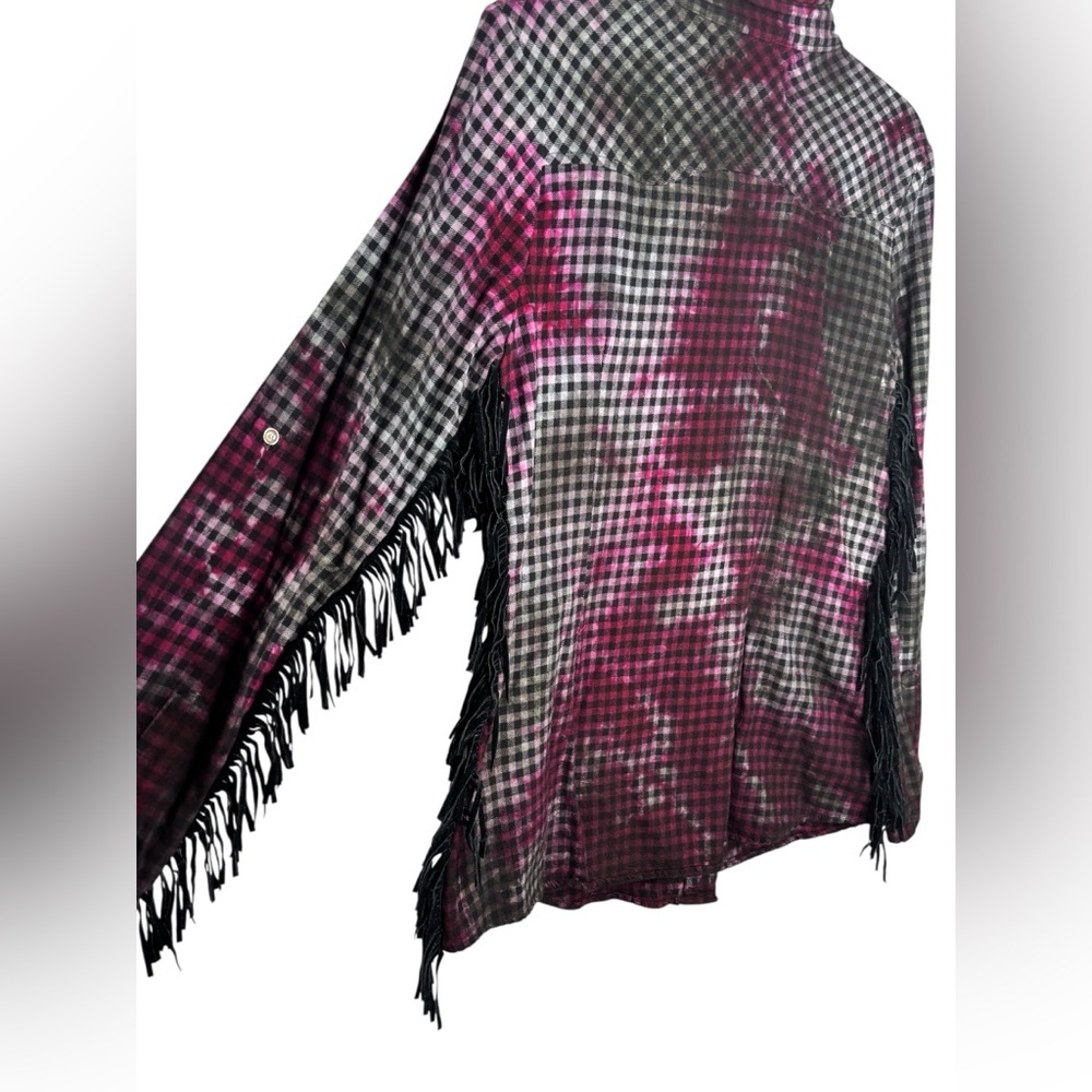 The Nu Vintage Women’s Medium Dyed Black & White Check Pearl Snap Shirt Fringe - Picture 6 of 9